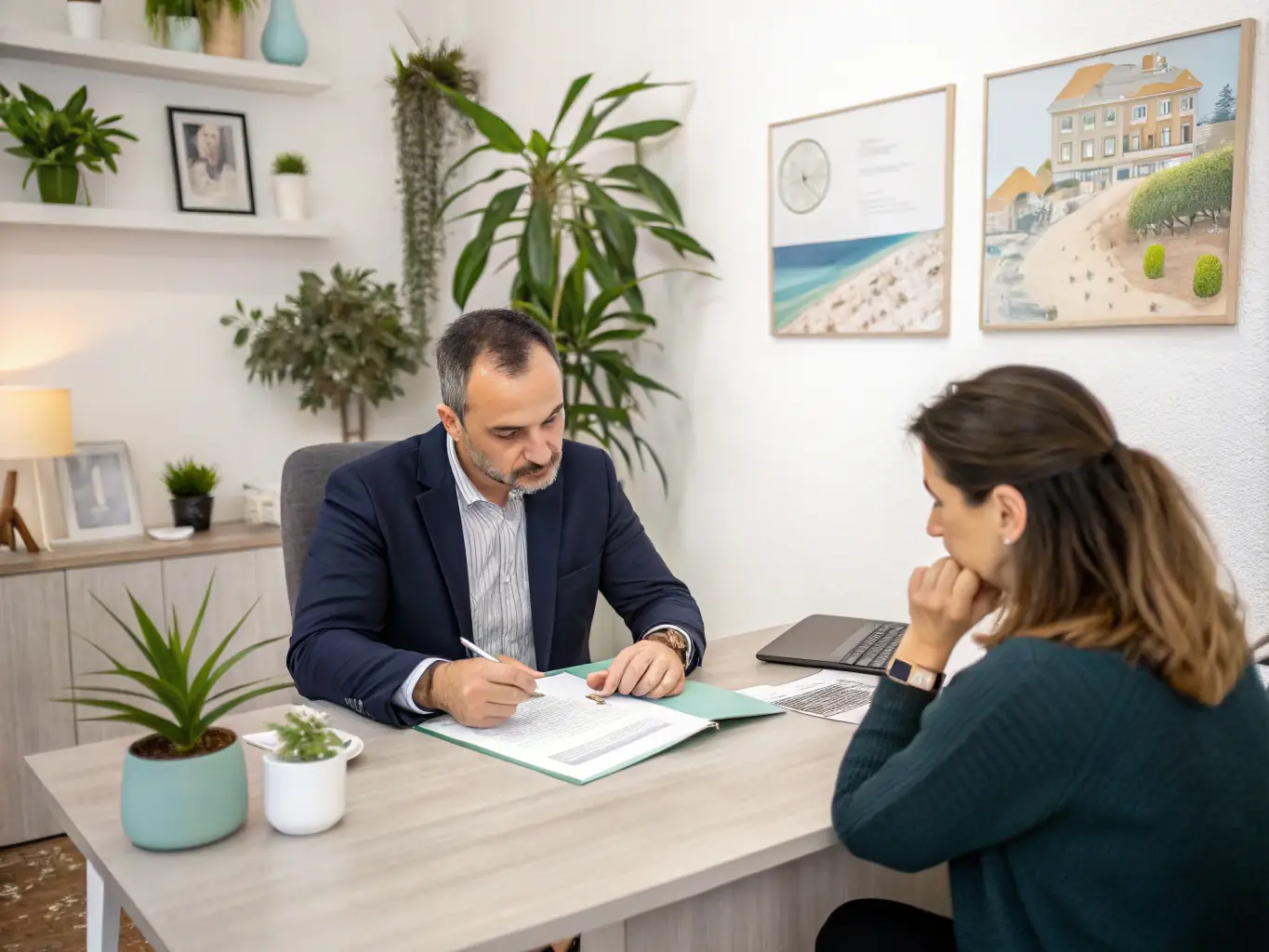 An image of a consultant discussing documents with clients in a professional office setting. The atmosphere is collaborative and professional.