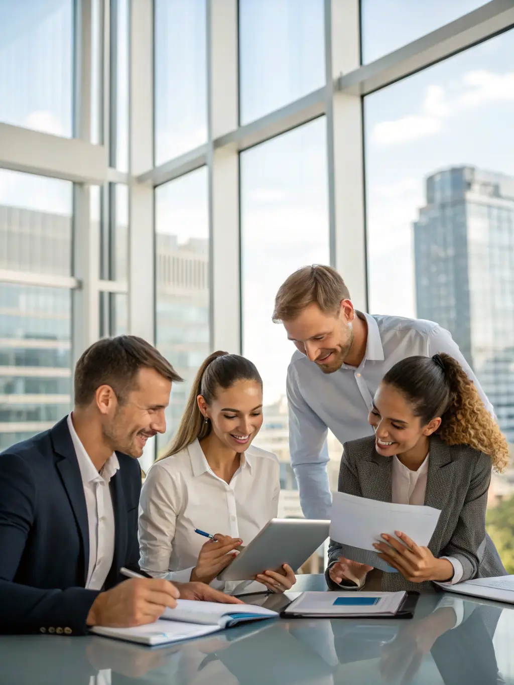 A group of title company employees collaborating on a title search, highlighting Cure My Title's support for title companies.