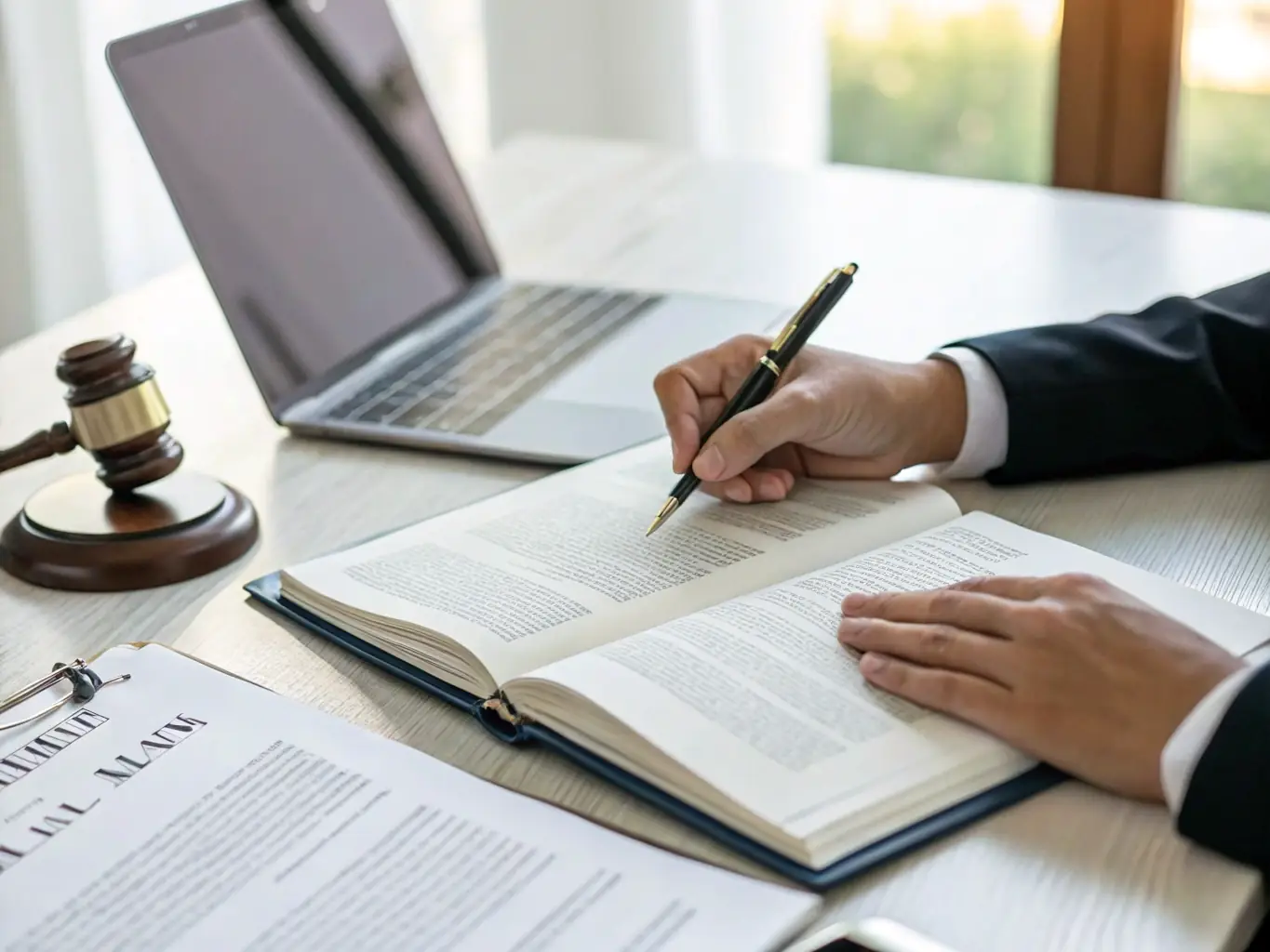 An image of a professional analyzing legal documents with a confident expression, symbolizing expertise in resolving title issues. The setting is a modern office with soft lighting.